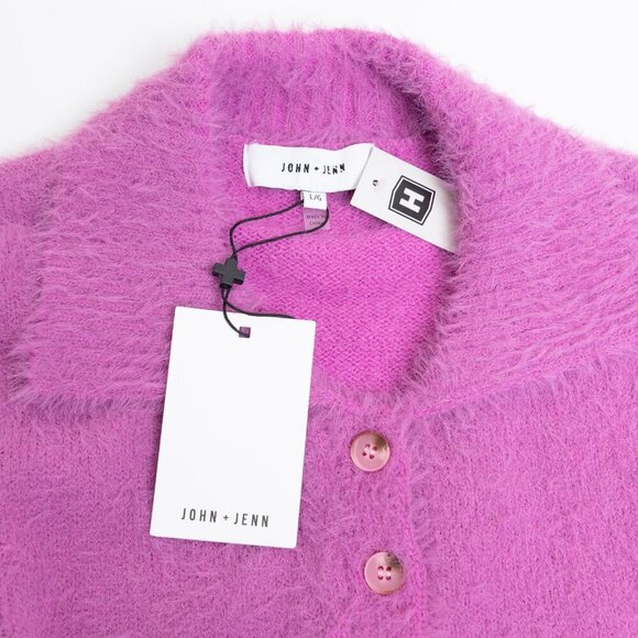John + Jenn Clarke Polo Knit Sweater Fuzzy Petal Pink Boxy Cropped - Picture 5 of 15